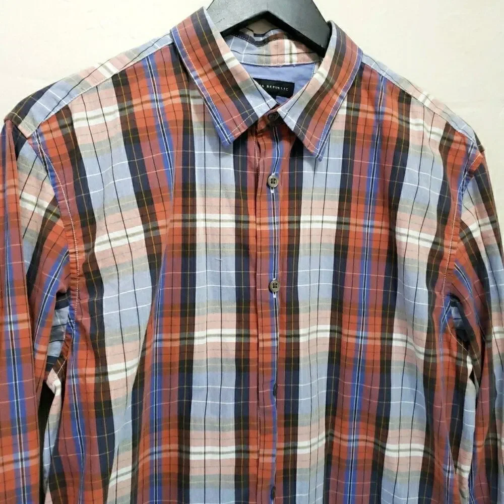 Banana Republic Shirt Mens L Red Black White Blue Plaid Cotton Long Sleeve